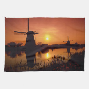 Paño De Cocina Molinos de viento al atardecer, Kinderdijk, Países