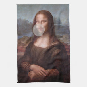 Paño De Cocina Mona Lisa soplando chicle de burbuja gris