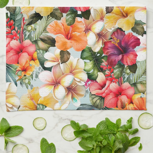 Paño De Cocina Moneda amarilla roja tropical blanca Hibiscus Flor (Doblado)