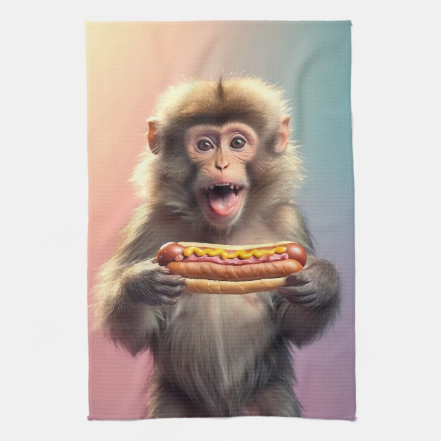 Paño De Cocina Mono lindo con hotdog (Vertical)