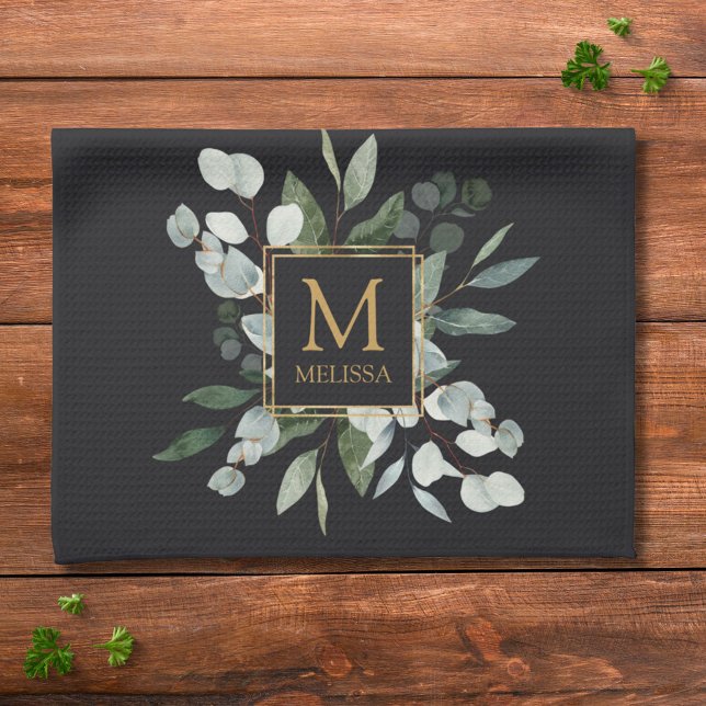 Paño De Cocina Monogram Watercolor Tropical Green Leaves Black (In situ)