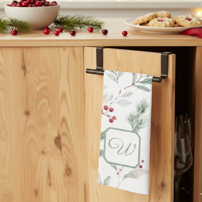 Paño De Cocina Monogram Winter Foliage Holiday  (Holiday monogram dish towel)