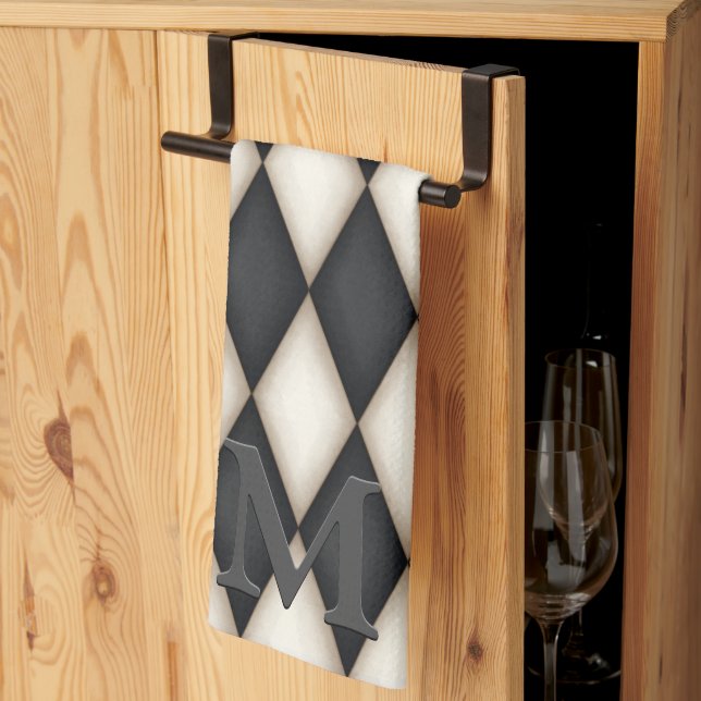 Paño De Cocina Monograma 3-D Dramático de Harlequin blanco y negr (Pliegue de tercios)