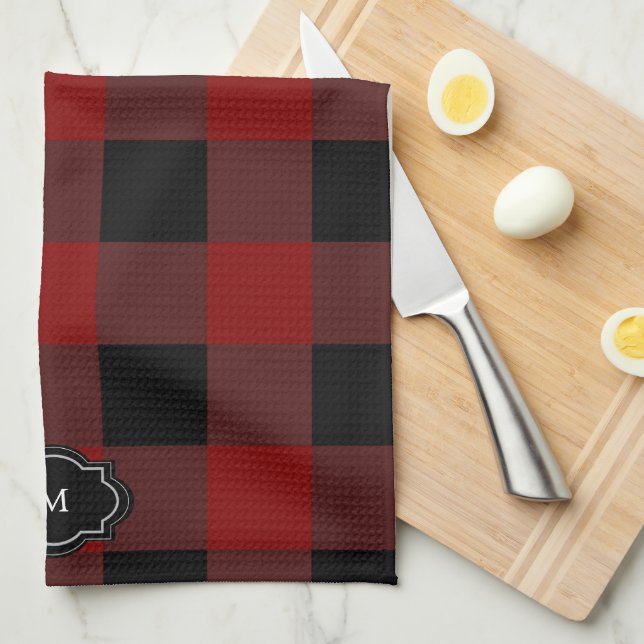 Paño De Cocina Monograma a cuadros búfalo negro y rojo (Doblado Cuarto)