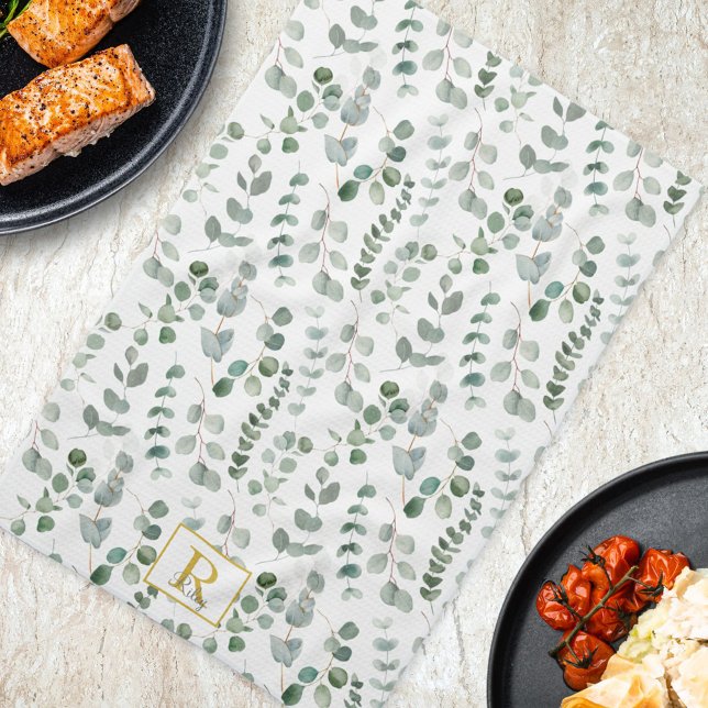 Paño De Cocina Monograma Acuarela Eucalyptus Patrón Floral (In situ Kitchen Table)