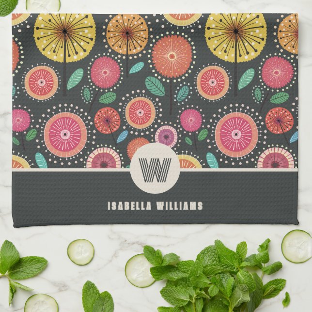 Paño De Cocina Monograma audaz Escándalo Flores Folclóricas (Doblado)