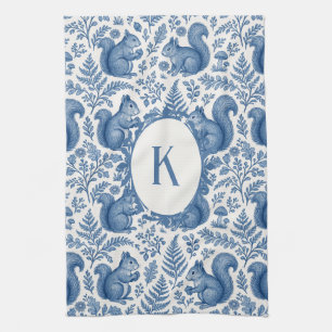 Paño De Cocina Monograma Azul Chinoiserie Ardilla Bosque