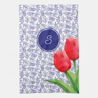 Paño De Cocina Monograma azul floral elegante de tulipanes rojos 