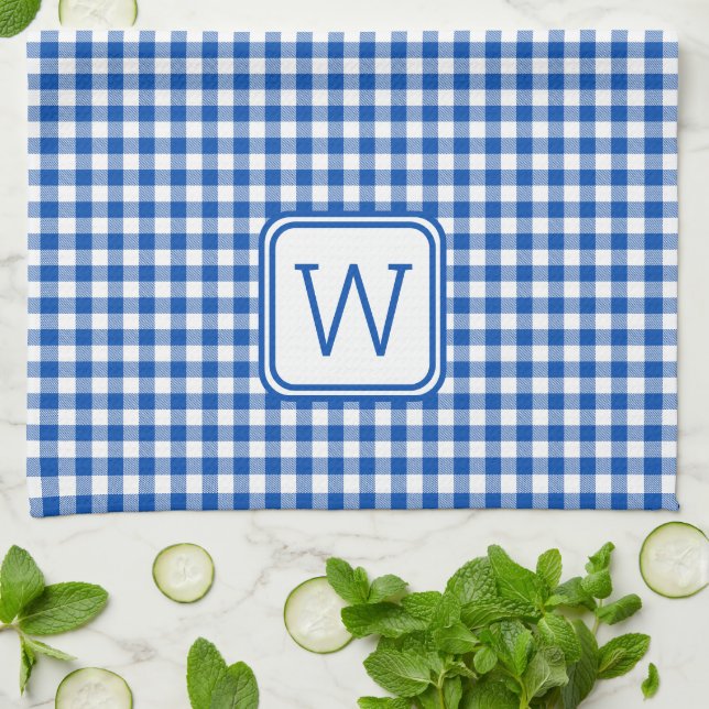 Paño De Cocina Monograma azul y blanco de Gingham Plaid (Doblado)
