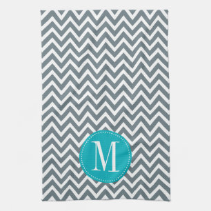 Paño De Cocina Monograma azul y gris ciánico del personalizado de