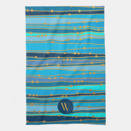 Paño De Cocina Monograma Banda de onda azul monocroma Faux Gold D