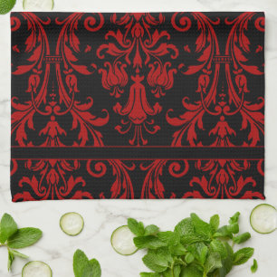 Paño De Cocina Monograma Black & Red Floral Swirls Damask 4