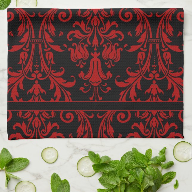 Paño De Cocina Monograma Black & Red Floral Swirls Damask 4 (Doblado)