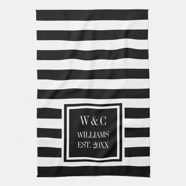 Paño De Cocina Monograma Black White Stripe Personalizado (Vertical)