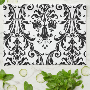 Paño De Cocina Monograma blanco negro Nombre Personalizar Floral 