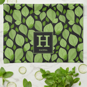 Paño De Cocina Monograma botánico de patrón de hierba de la Cue