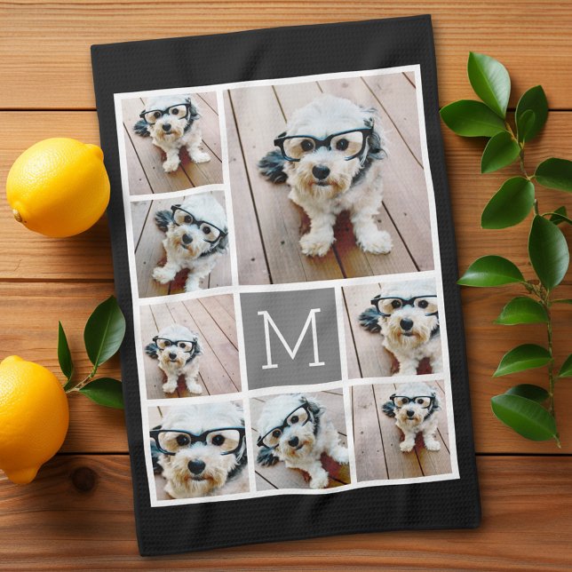 Paño De Cocina Monograma clásico de Collage de fotos negro y gris (Personalized kitchen towel with 8 photos)