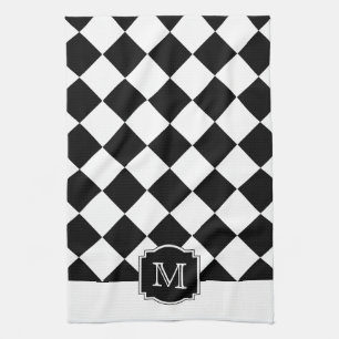 Paño De Cocina Monograma clásico de diamantes - Blanco negro