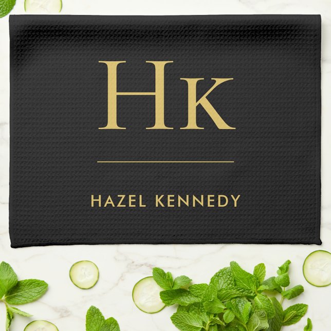 Paño De Cocina Monograma Clásico Simple Elegante Oro Negro (Subido por el creador)