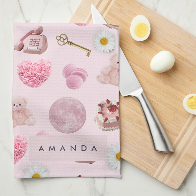 Paño De Cocina Monograma Coquette Personalizada Luna Rosa Feminin (Doblado Cuarto)