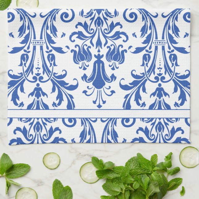 Paño De Cocina Monograma Damask de Blue White Floral (Doblado)
