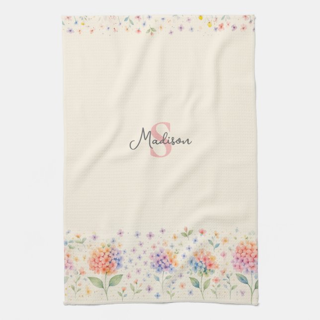 Paño De Cocina Monograma de acuarela floral — Flores pasteles (Vertical)