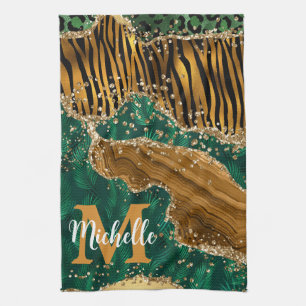 Paño De Cocina Monograma de ágata con brillo de animal de safari 