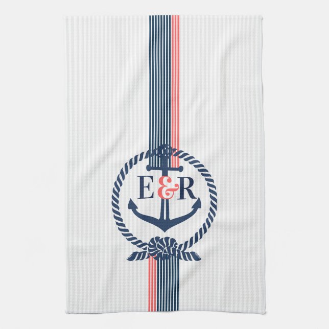 Paño De Cocina Monograma de Anclaje Náutico Azul Knot & Stripes (Vertical)