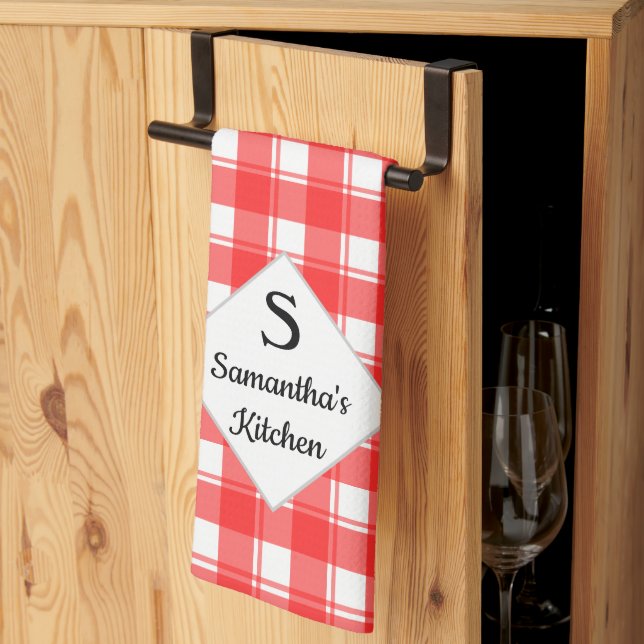 Paño De Cocina Monograma de apellido familiar Plaid Retro Rojo Bl (Pliegue de tercios)