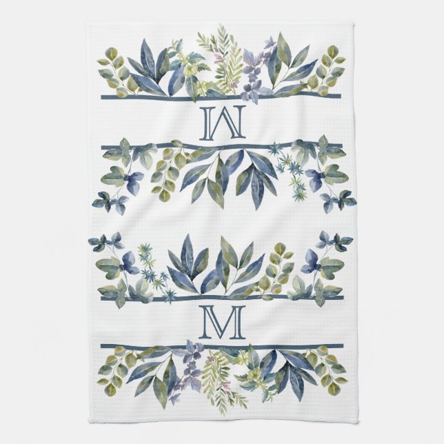 Paño De Cocina Monograma de borde de hojas azules índigo (Vertical)