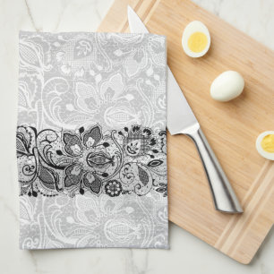 Paño De Cocina Monograma de encaje floral blanco y negro