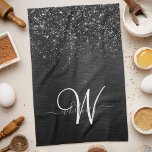 Paño De Cocina Monograma de espuma de Purpurina negro personaliza<br><div class="desc">Personalice fácilmente este elegante diseño de toallas de cocina con un purpurina brillante negro de bonito sobre un fondo metálico negro cepillado.</div>
