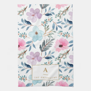 Paño De Cocina Monograma de flores de acuarela azul pastel lindo 