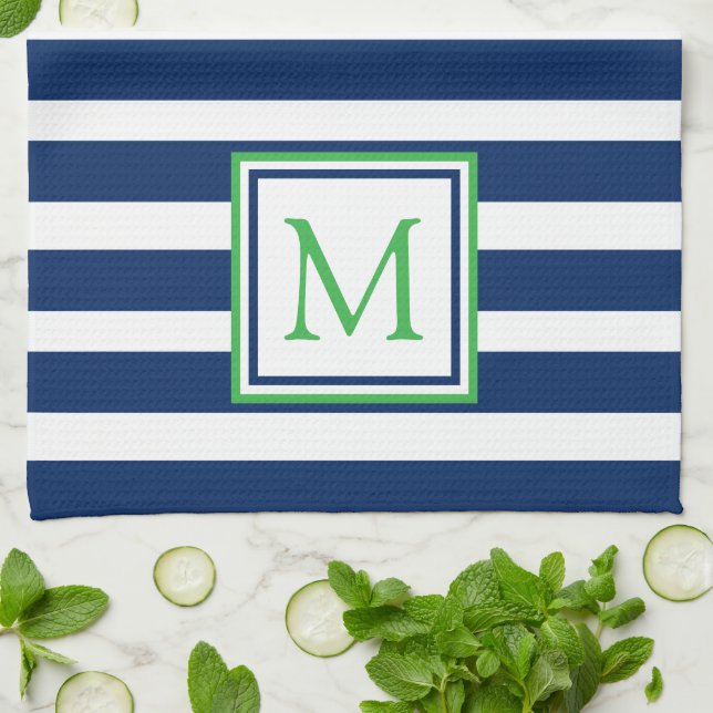 Paño De Cocina Monograma de franja azul y verde de la Marina Náut (Doblado)