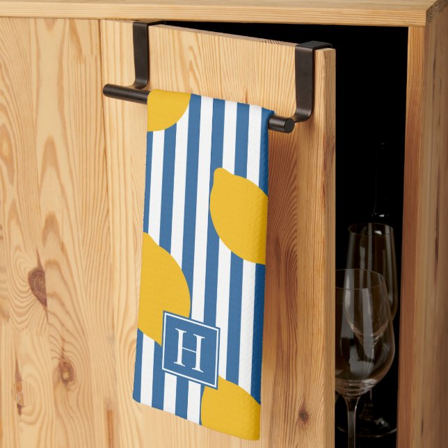 Paño De Cocina Monograma de franja rústica de granja de limón (Pliegue de tercios)
