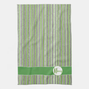 Paño De Cocina Monograma de franjas de bronce, verde y blanca