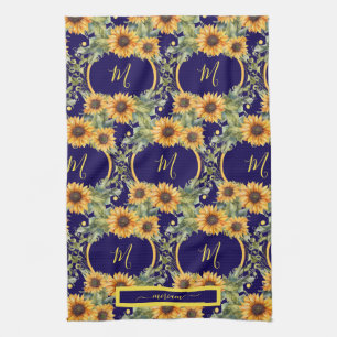 Paño De Cocina Monograma de Girasoles al Acuarela Estilo Van Gogh