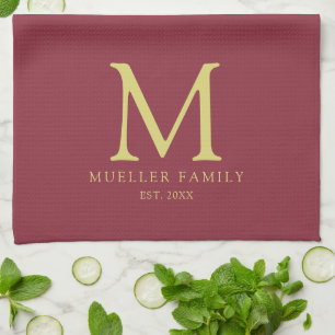 Paño De Cocina Monograma de la familia Gold de color sólido burde