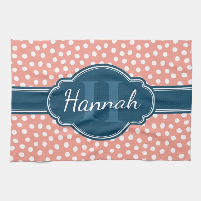 Paño De Cocina Monograma de la Marina de Patrón Blanco Rosa (Horizontal)