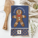 Paño De Cocina Monograma de la marina masculina Gingerbread Feliz<br><div class="desc">Celebra la temporada de fiestas con este personalizado de pan de jengibre. Con un lindo hombre de pan de jengibre con corbata de arco rojo, un saludo festivo "Feliz Navidad" y un monograma personalizado sobre un fondo marino, esta toalla le agrega un toque divertido y festivo a la decoración de...</div>