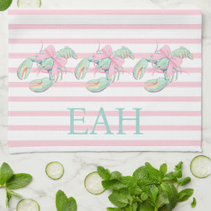 Paño De Cocina Monograma de Langosta Acuarela Pastel Elegante
