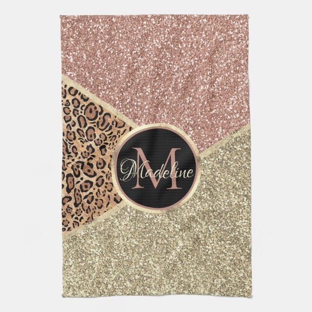 Paño De Cocina Monograma de leopardo Rosa dorado a rayas (Vertical)