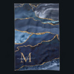 Paño De Cocina Monograma de mármol geode Purpurina azul de la Mar<br><div class="desc">Moderna toalla de cocina con Purpurina dorado azul de la Marina Glam Agate Geode Elegante Monograma Femenino Nombre de la cocina</div>
