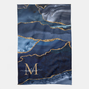Paño De Cocina Monograma de mármol geode Purpurina azul de la Mar