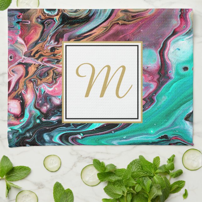 Paño De Cocina Monograma de mármol rosa y verde (Doblado)