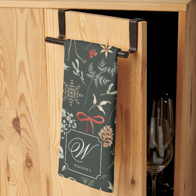 Paño De Cocina Monograma de Navidades botánicos de invierno (Pliegue de tercios)