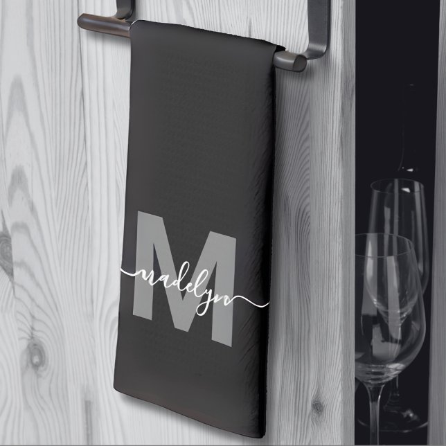 Paño De Cocina Monograma de nombre blanco negro (Black White Name Monogram kitchen towel)