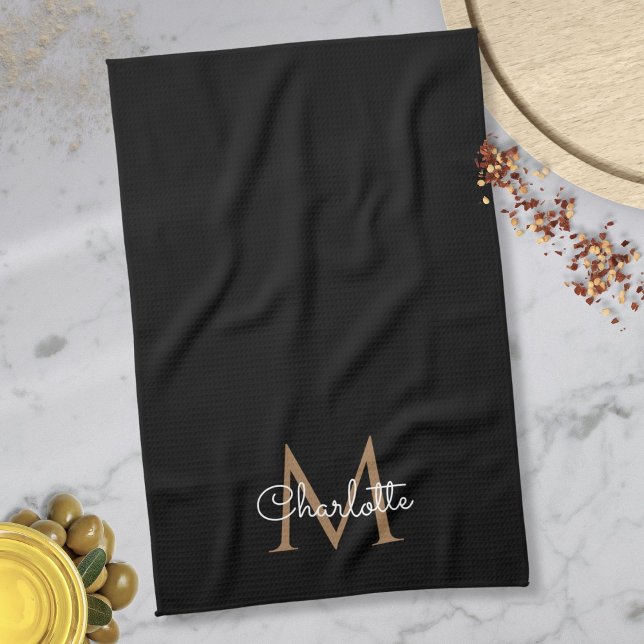 Paño De Cocina Monograma de oro negro elegante guión giratorio (Black Gold Monogram Elegant Girly Script Kitchen Towel)