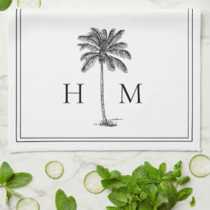 Paño De Cocina Monograma de palmetto blanco y negro costero