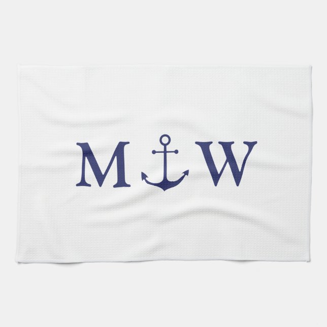 Paño De Cocina Monograma de pareja blanca azul marino de ancla ná (Horizontal)